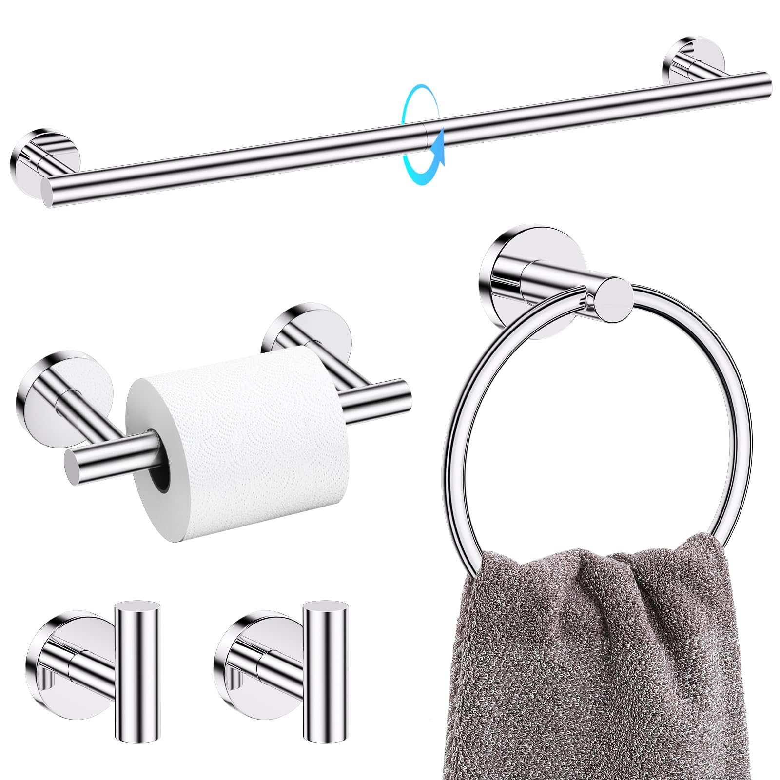 TQKAG 5-Piece Bathroom Towel Bar Sets Polished Chrome 23.6 inch Towel Bar Stainless Steel Towel Ring Coat Hook Bathroom Hardware Set Wall Mounted Square Bathroom Accessories Kit