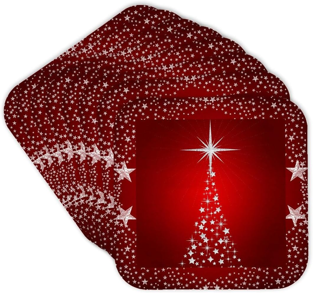 3dRose Silver Star Christmas Tree with Holiday Red Background - Soft Coasters, Set of 8 (CST_164753_2)