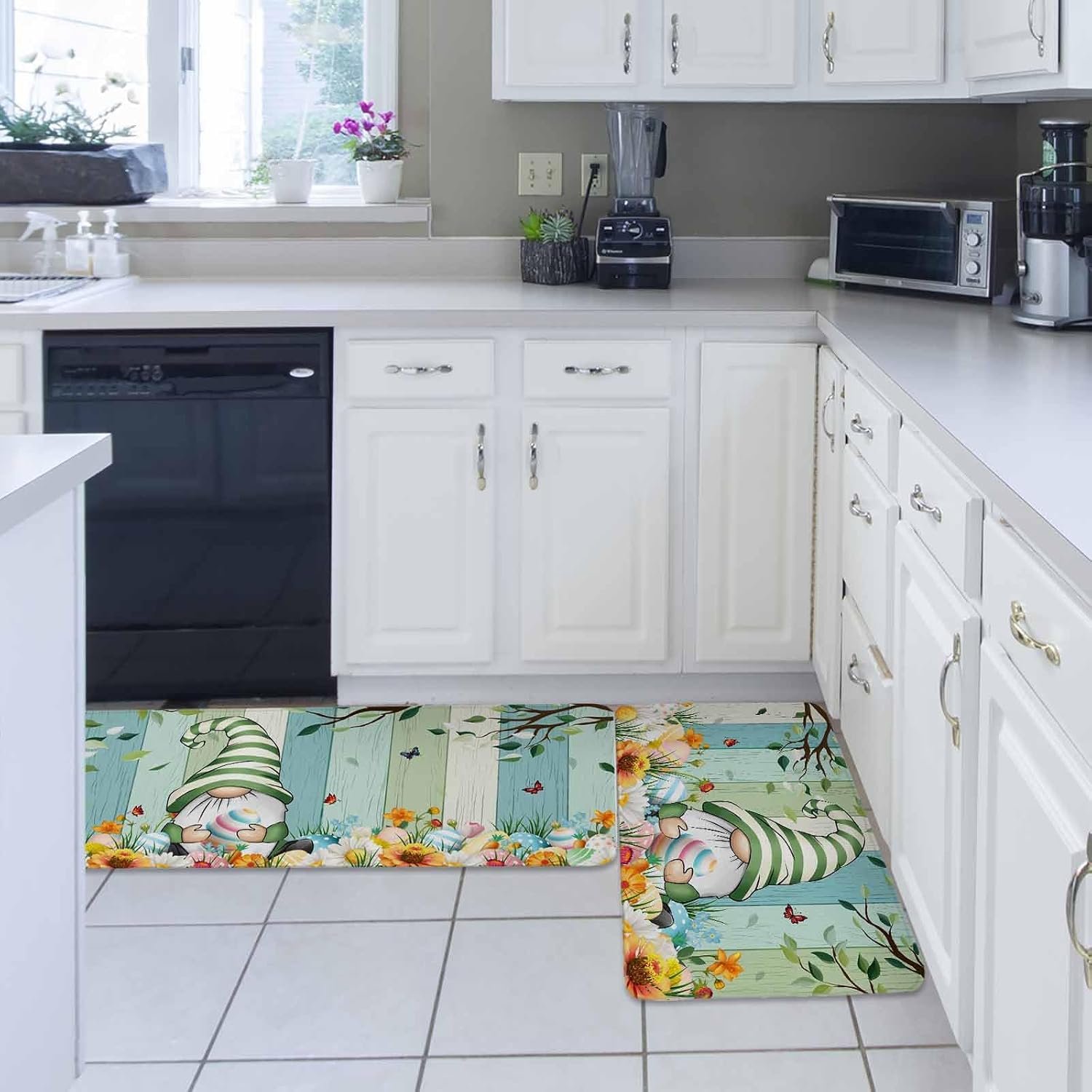 Easter Gnomes Kitchen Rugs and Mats Set of 2, Non-Slip Kitchen Sink Mat, Watercolor Eggs Branches Leaf Flowers Spring Wood Washable Doormat Bathroom Rugs Runner for Bedroom 19.7"x31.5"+19.7"x63"
