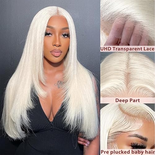 Miniatura 4 de Mscathy Peluca de cabello humano lacio de color rubio platino #60, de 13 x 4, con encaje frontal HD, cabello transpirable, prearrancado HD,