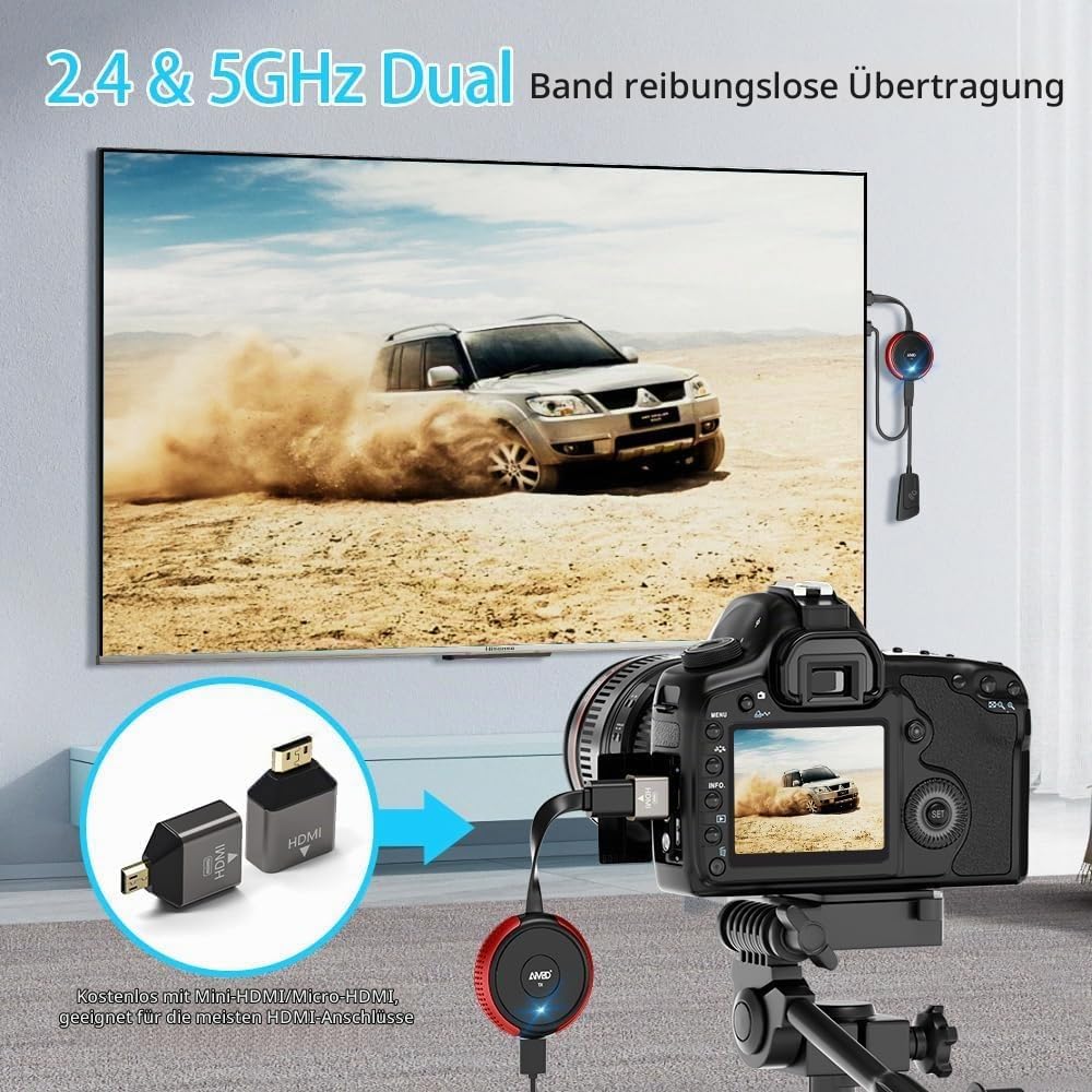 Wireless HDMI Transmitter and Receiver 4K/5.8G - HDMI Funkübertragung Kabellos Sender und Empfänger 165FT/50M von Laptop/TV Box/USBC/Kamera/PC/PS5 auf Fernsehen/Beamer/Monitor