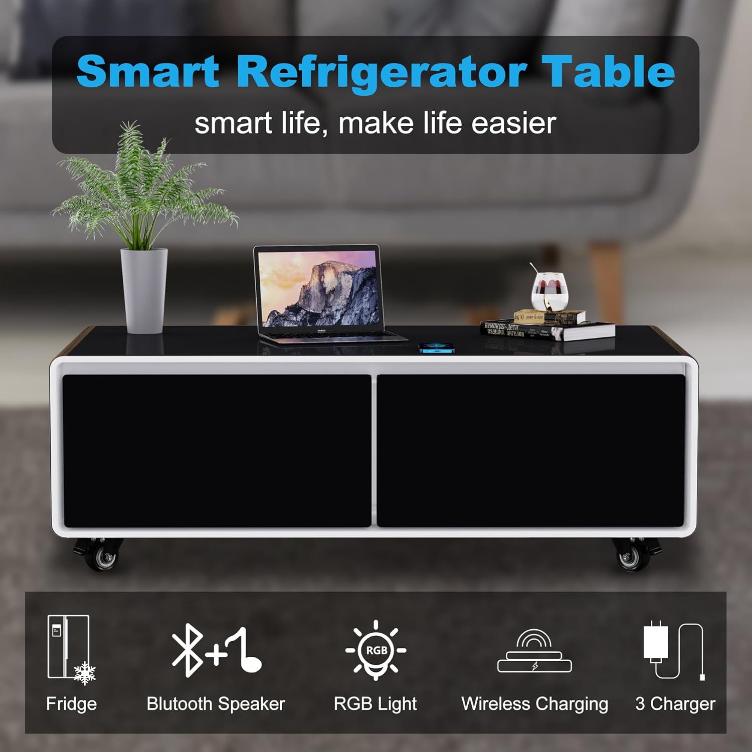 Smart Coffee Table, Living Room Table with Built in Fridge, Bluetooth Sound and Wireless Charging, Type-C & USB Interface, Temperature Control, Modern Center Table with LED,135L