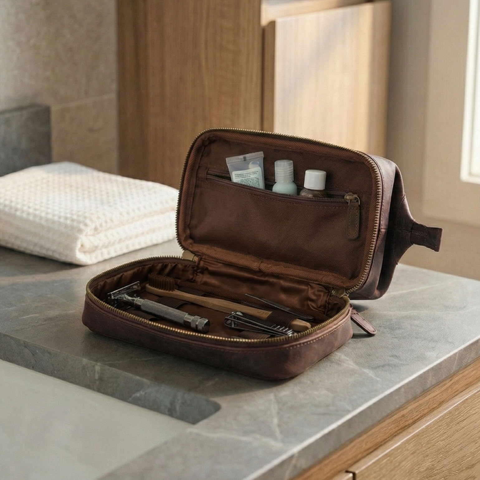 LEATHER VILLAGE DOPP-KIT-BAG-4-EXPANDBLE, Cereza, Neceser colgante de cuero