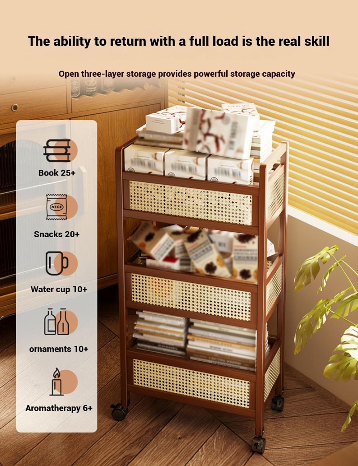 3 Tier Rolling Book Cart,Rolling Utility Storage Cart Wood and Plastic Rattan Railing for Home,Library,Classroom,Office(50cm)