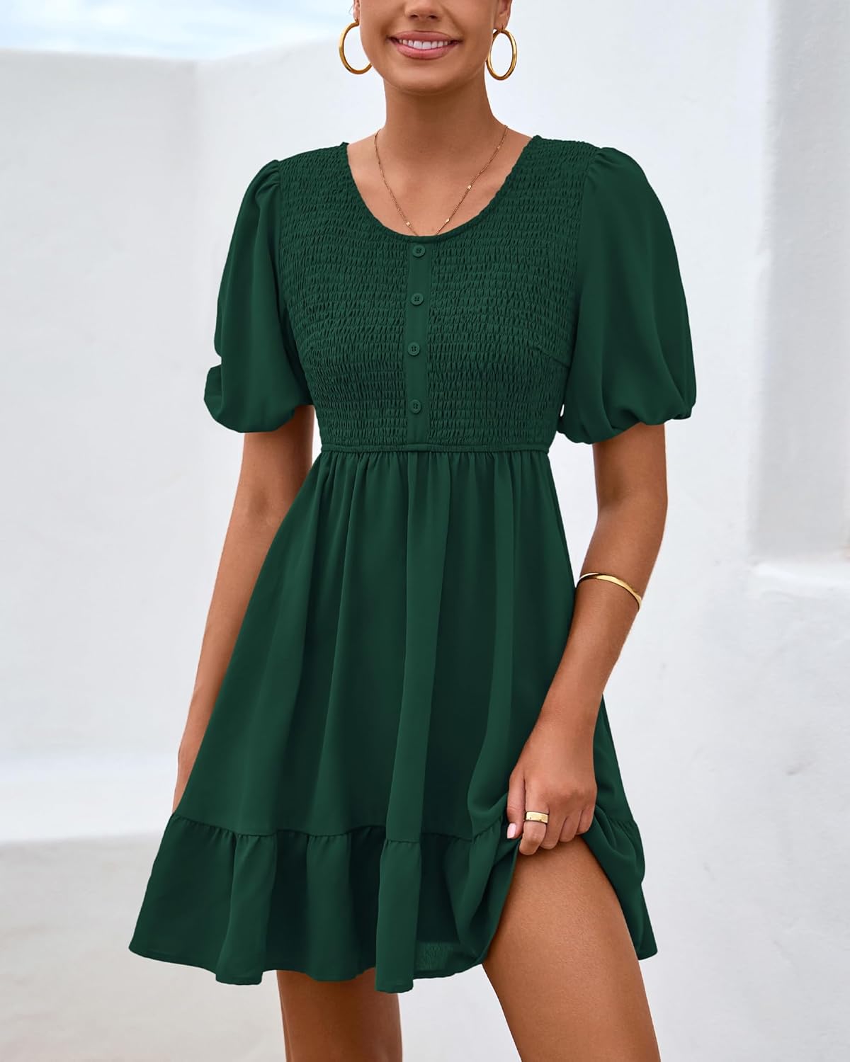 BTFBM Spring Empire Waist Dress for Women 2025 Summer Smocked Crewneck Puff Short Sleeve Beach Vacation Mini Dresses - Image 5