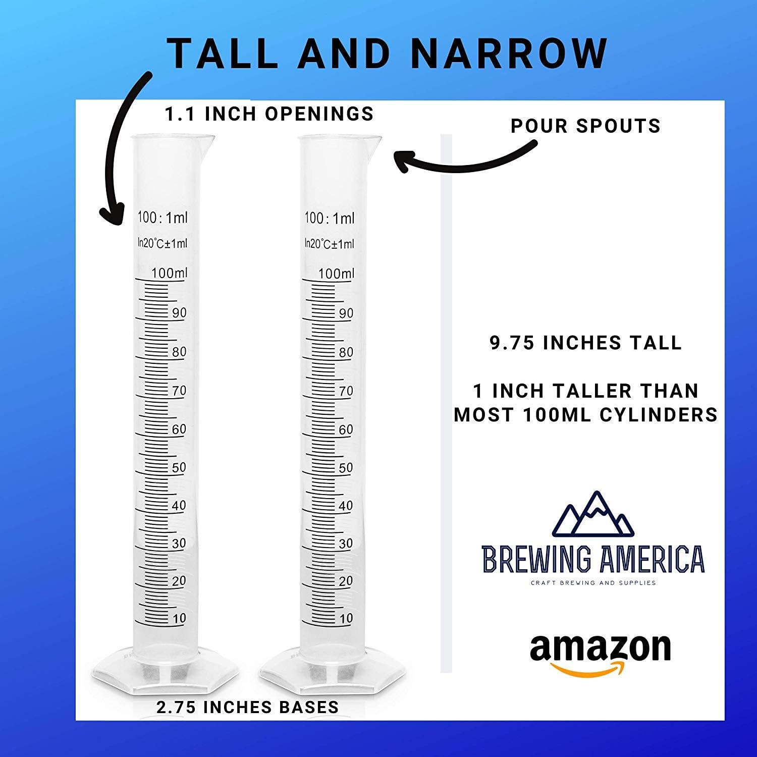 Brewing America Cilindro graduado de plástico de 100 ml, frasco de tubo de ensayo de medición científica de 100 ml, marcado de 2 caras, líneas de graduación negras y elevadas, boquilla de vertido