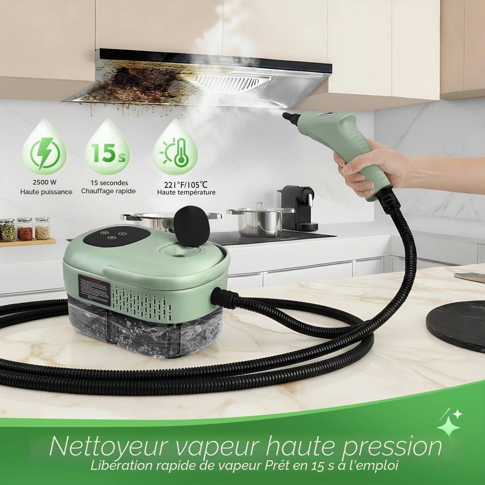 Nettoyeur Vapeur Haute Pression 2500W – Réservoir 1,1L – Pression 3 Bar & Vapeur à 105°C – Nettoyage Multisurface Sans Produit Chimique – 6 Réglages de Vapeur + 15 Accessoires