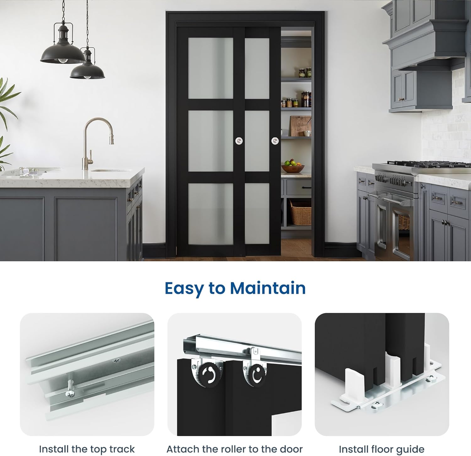 Sliding Closet Door for 72" x 80" Opening, 3-Lite Frosted Glass MDF Barn Door with Hardware Kit Set, Door Panels Need to Assemble, Black
