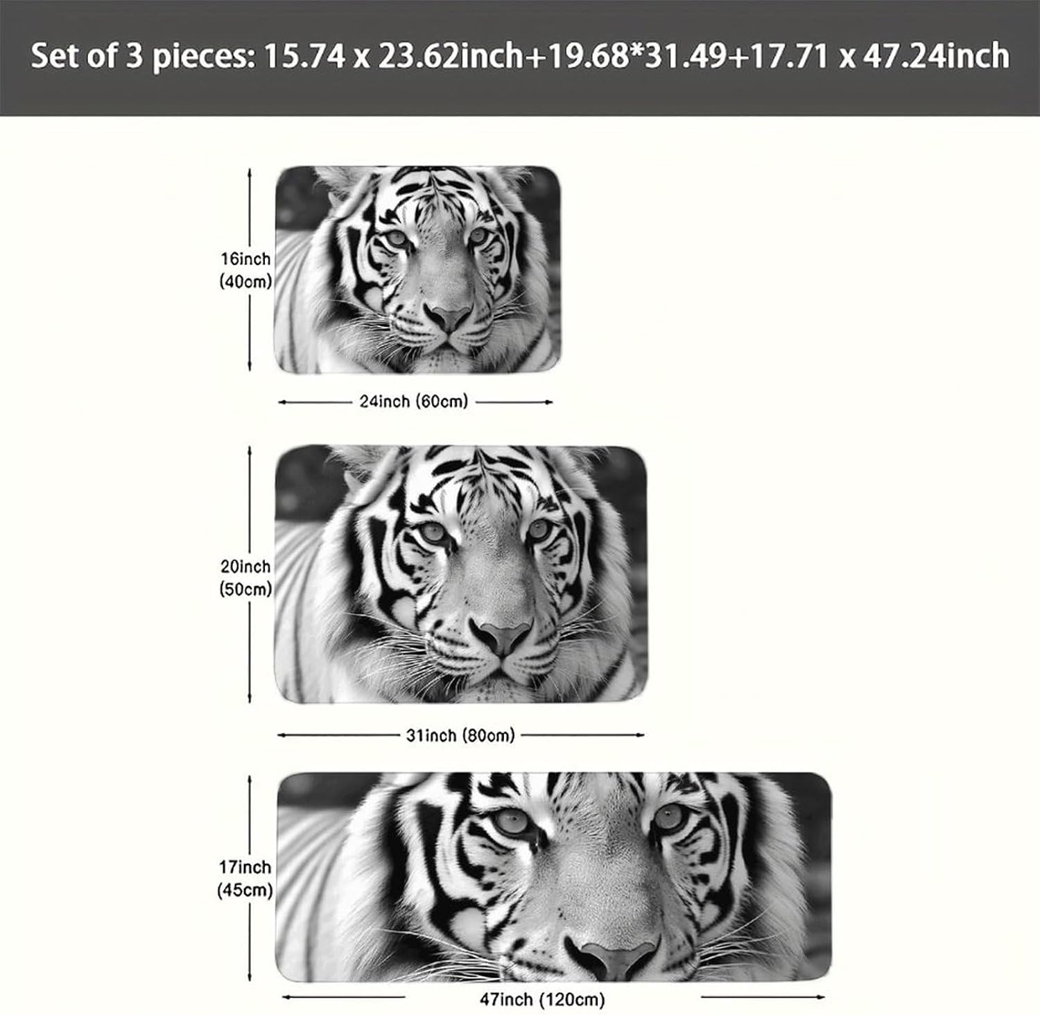 Black White Tiger Kitchen Mats for Floor 3 Pcs Kitchen Rugs