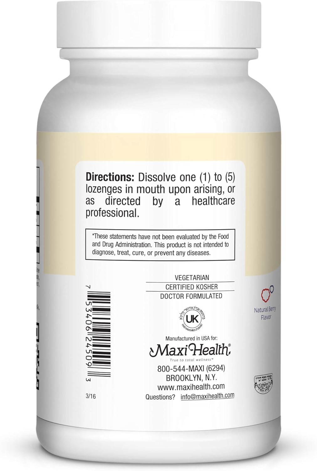 Maxi Health Triple B Lozenges - Vitamin B12 & B6 & Biotin - Strawberry Flavor - 90 Chewies - Kosher : Beauty & Personal Care