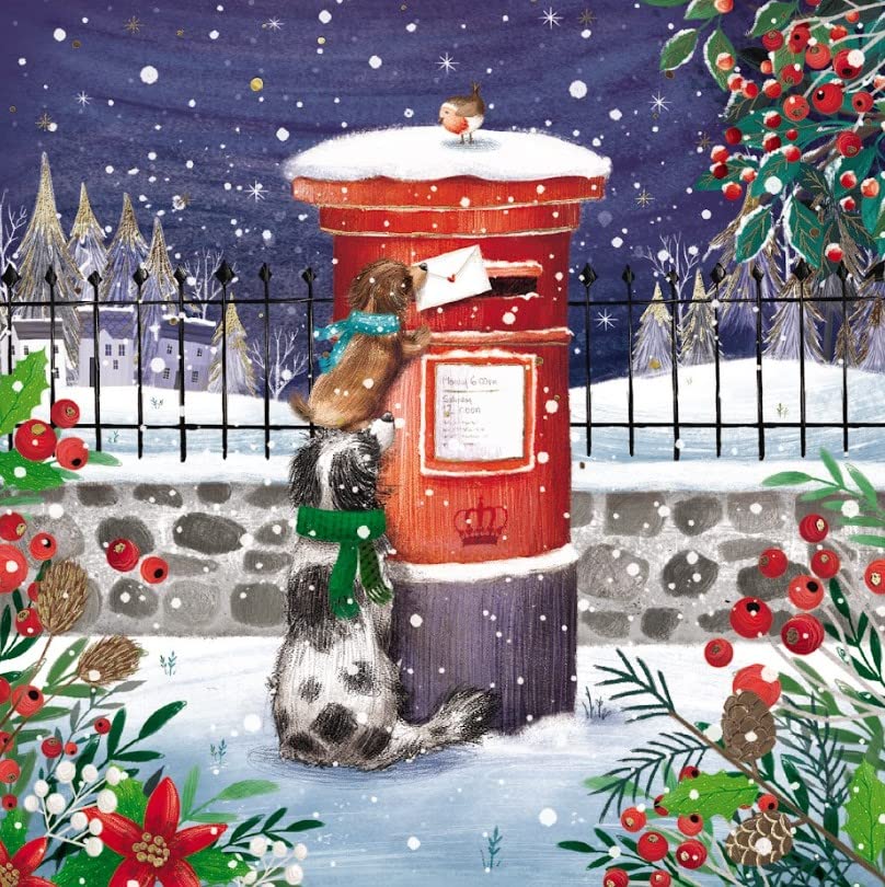 Charity Christmas Cards, Dogs with Postbox Snowy Scene with Foil Details, Eco-Friendly and Recyclable, Pack of 10 Cards