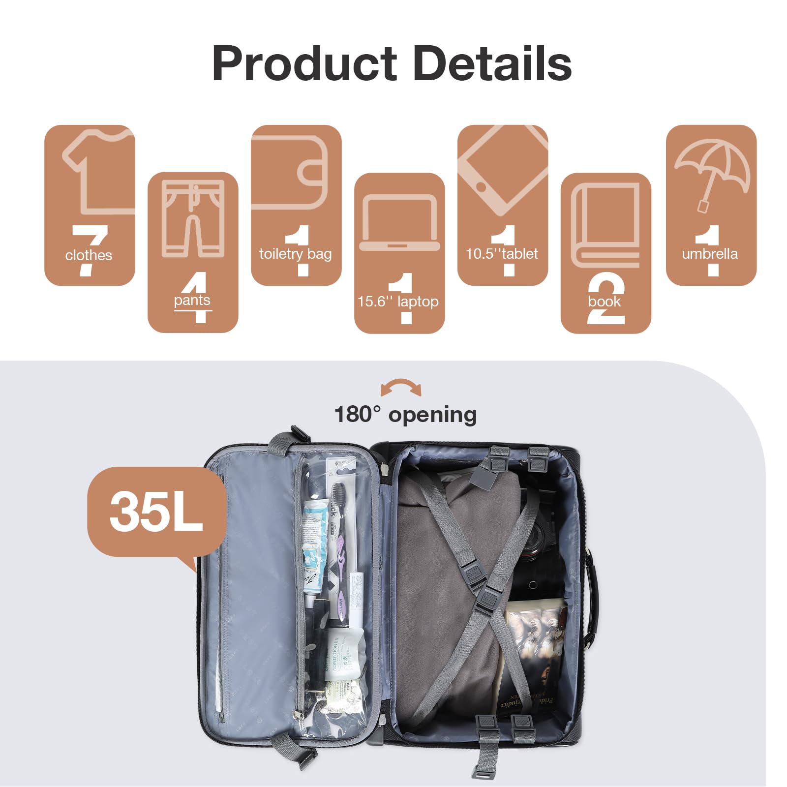 Maletín con Ruedas para Portátil, 3 Bolsas Organizadoras, Maleta de Negocios con Cerradura TSA, Bolso de Viaje Impermeable, Negro