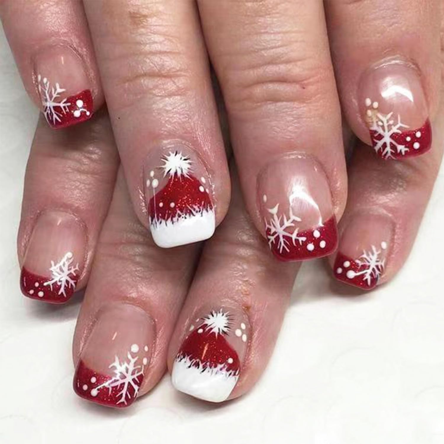 Christmas Press on Nails Short Square Fake Nails French Tips Glue on Nails with Snowflakes Red Xmas Hat Nail Tips Designs Winter Christmas False Nails Full Cover Acrylic Nails for Women 24Pcs