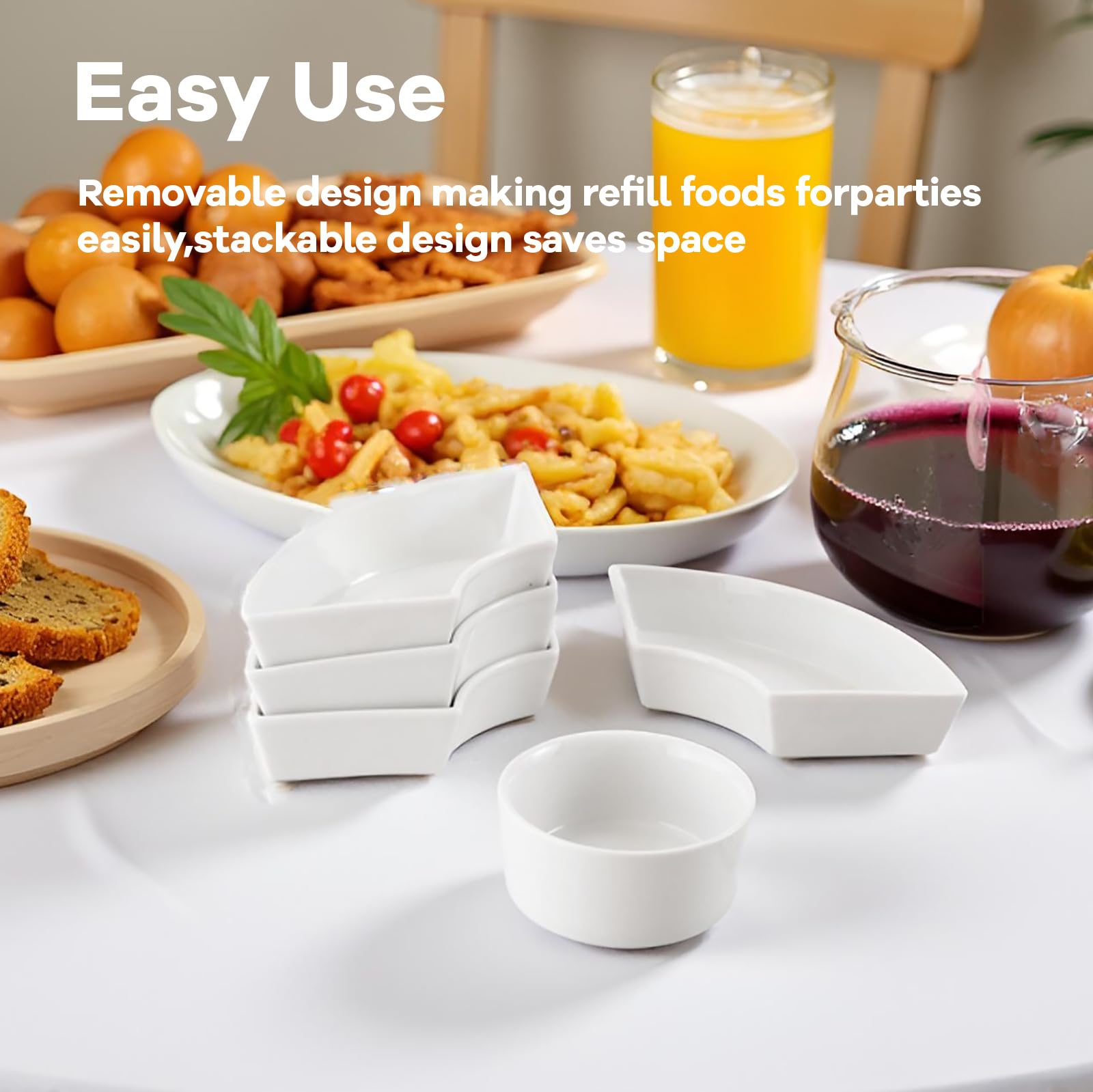Obrotowy drewniany zestaw do serwowania frytek i dipów 360° Lazy Susan ze zdejmowanymi porcelanowymi miseczkami - idealny na imprezy, przekąski, chipsy i owoce