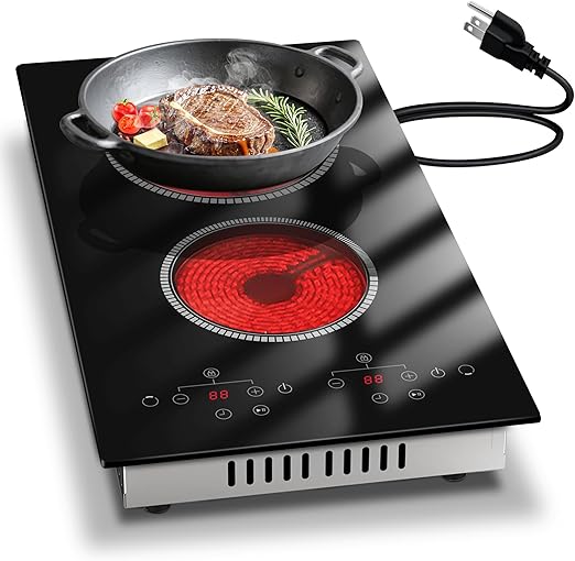 2 Burner Electric Cooktop, 12 Inch Electric Stove Top, 120V Double Burner Countertop Stove 2000W with Timer & 9-Level Adjustment, Sensor Touch Control, Child Lock, Built-in Radiant Cooktop Pladeca