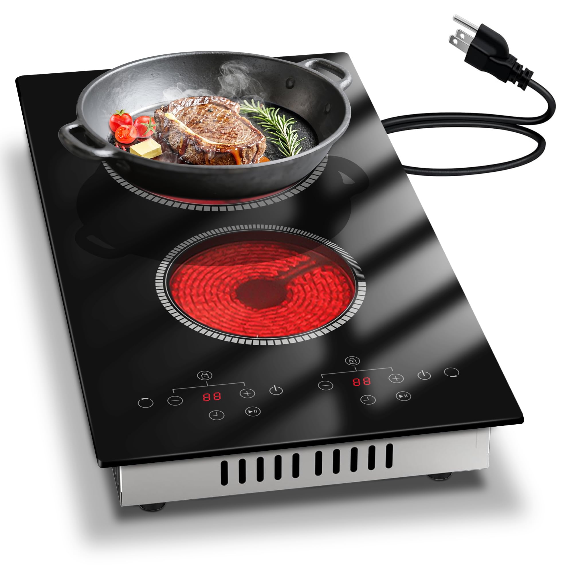 2 Burner Electric Cooktop, 12 Inch Electric Stove Top, 110V Plug in