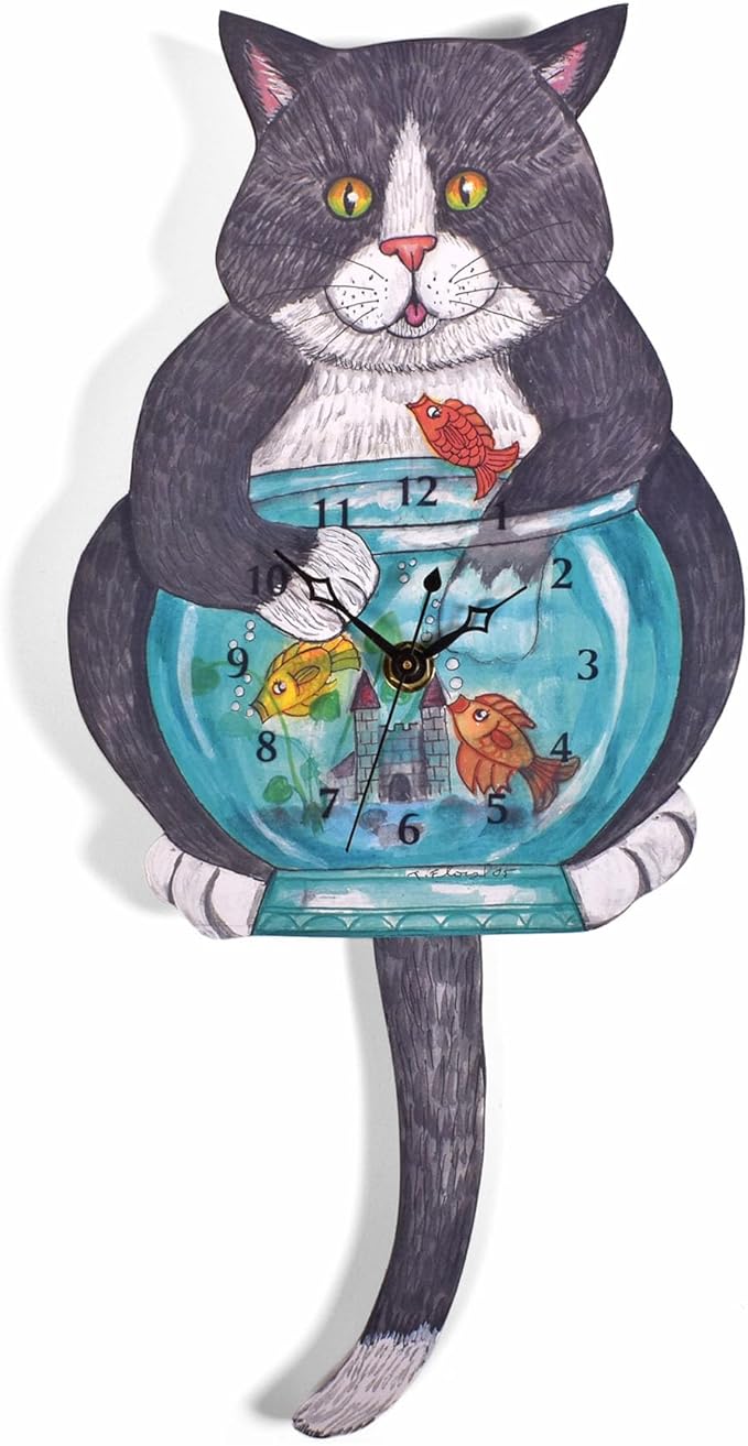 Cat with Fish Pendulum Wall Clock, Handmade in The USA
