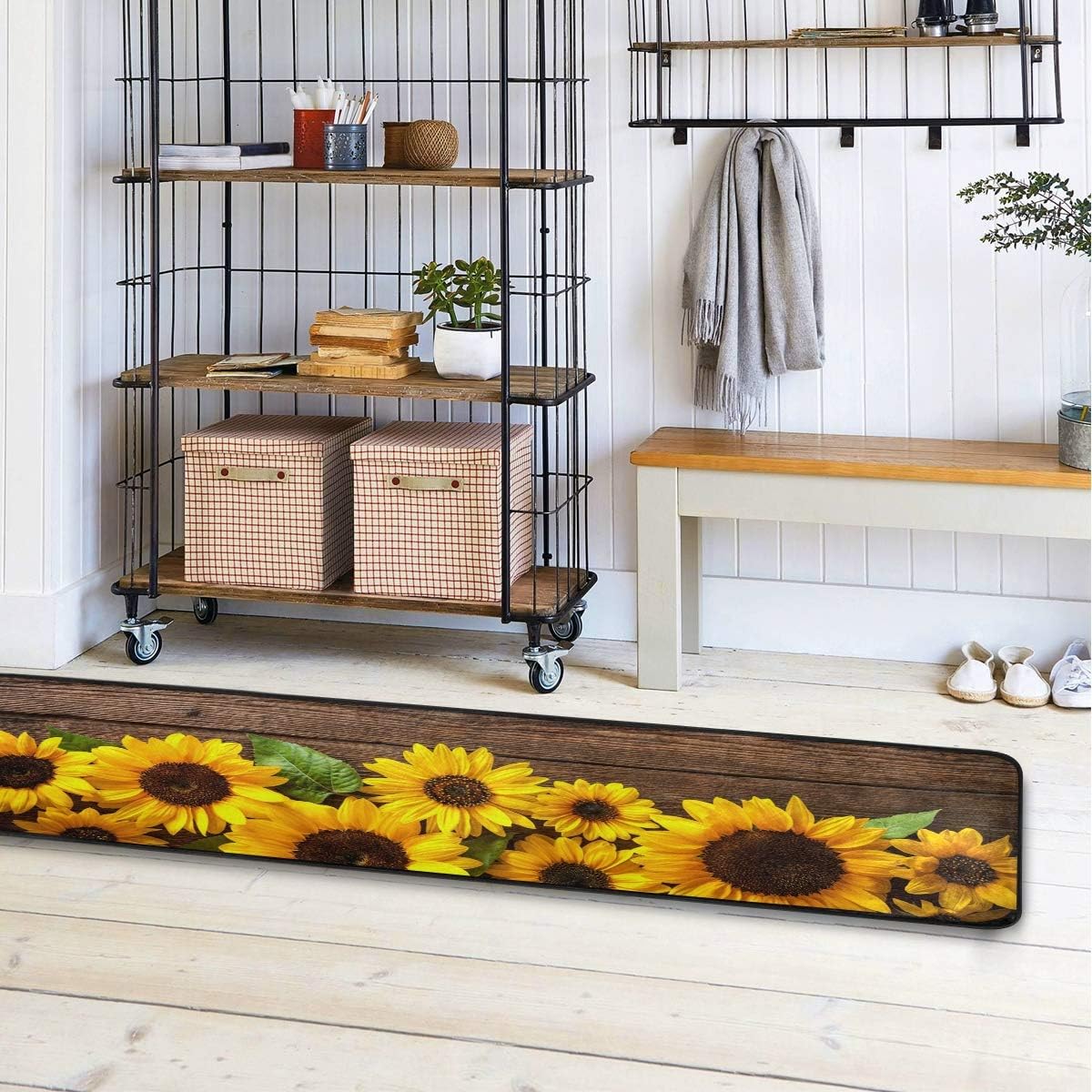 Sunflower Wood Board Retro Runner Rug Floor Mat Non-Slip Kitchen Rug Soft Area Rug Doormats Bath Carpet for Bathroom Entryway Hallway Dining Living Room