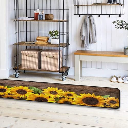 Miniatura 4 de Tapete retro de madera con girasol, tapete antideslizante para cocina, tapete suave para baño, entrada, pasillo, comedor, sala de estar