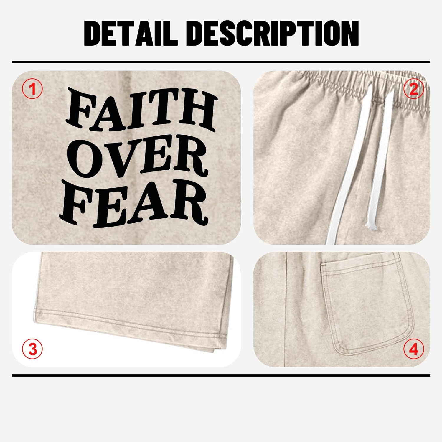 Boys Faith Over Fear Shorts Christian Jesus Elastic Waist Summer Letter Graphic Acid Wash Shorts with Pockets