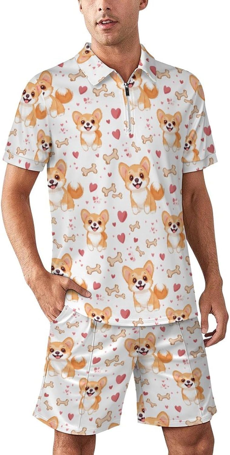 Cartoon Corgi Mens Polo Shirts Track Suits 2 Piece Short Sleeve Sweatsuit 1/4 Zip Golf Loungewear for Sports