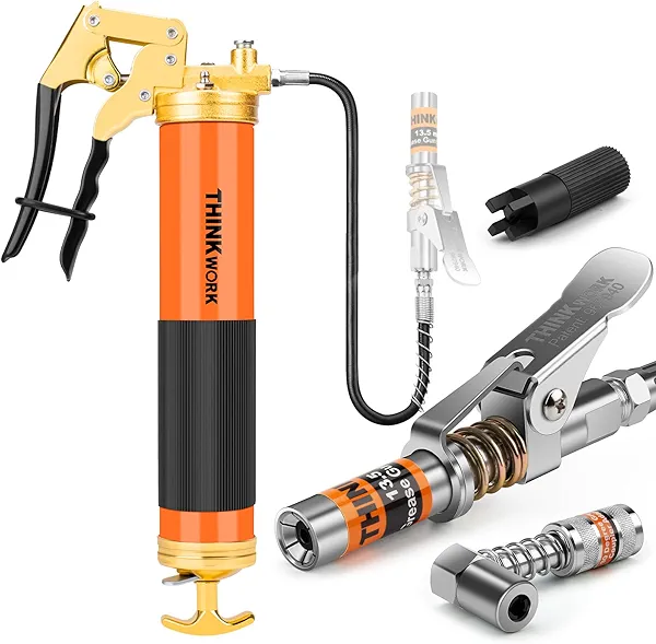 THINKWORK 8000 PSI Professional Heavy Duty Grease Gun Kit for 14 Oz Tubes, Pistol Grip Lube Grease Guns Tool with 0.53" Coupler & 90° Adaptor - Automotive, Marine, Industrial, Agricultural Machinery