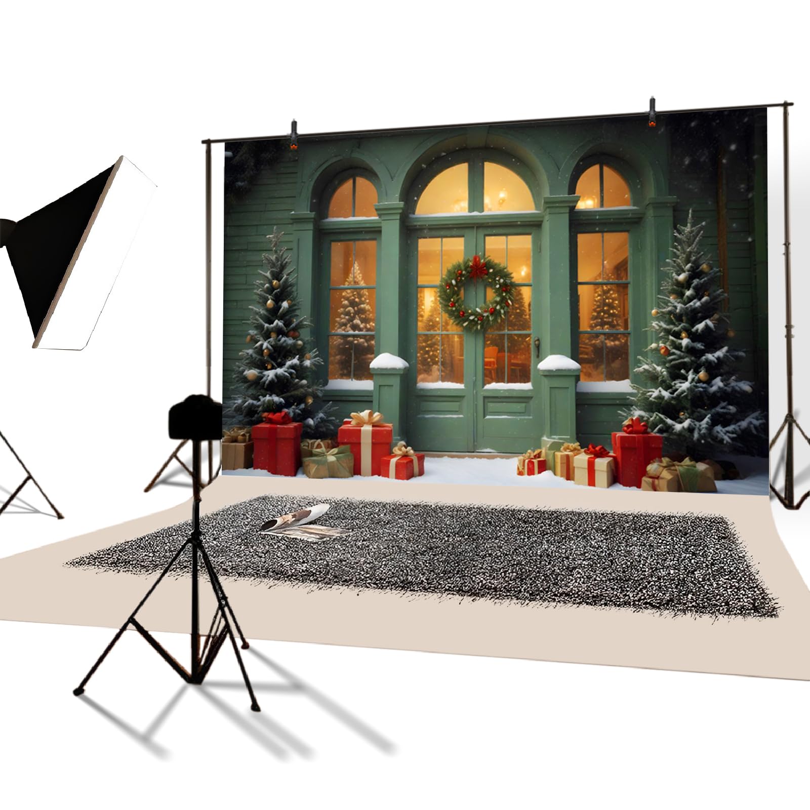 YongFoto 3,5x2,5m Notte di Natale Fondali per la fotografia Regali di Natale di Green House Door Albero di Natale Ghirlanda Festival Sfondo per festa a tema invernale Servizio fotografico Oggetti