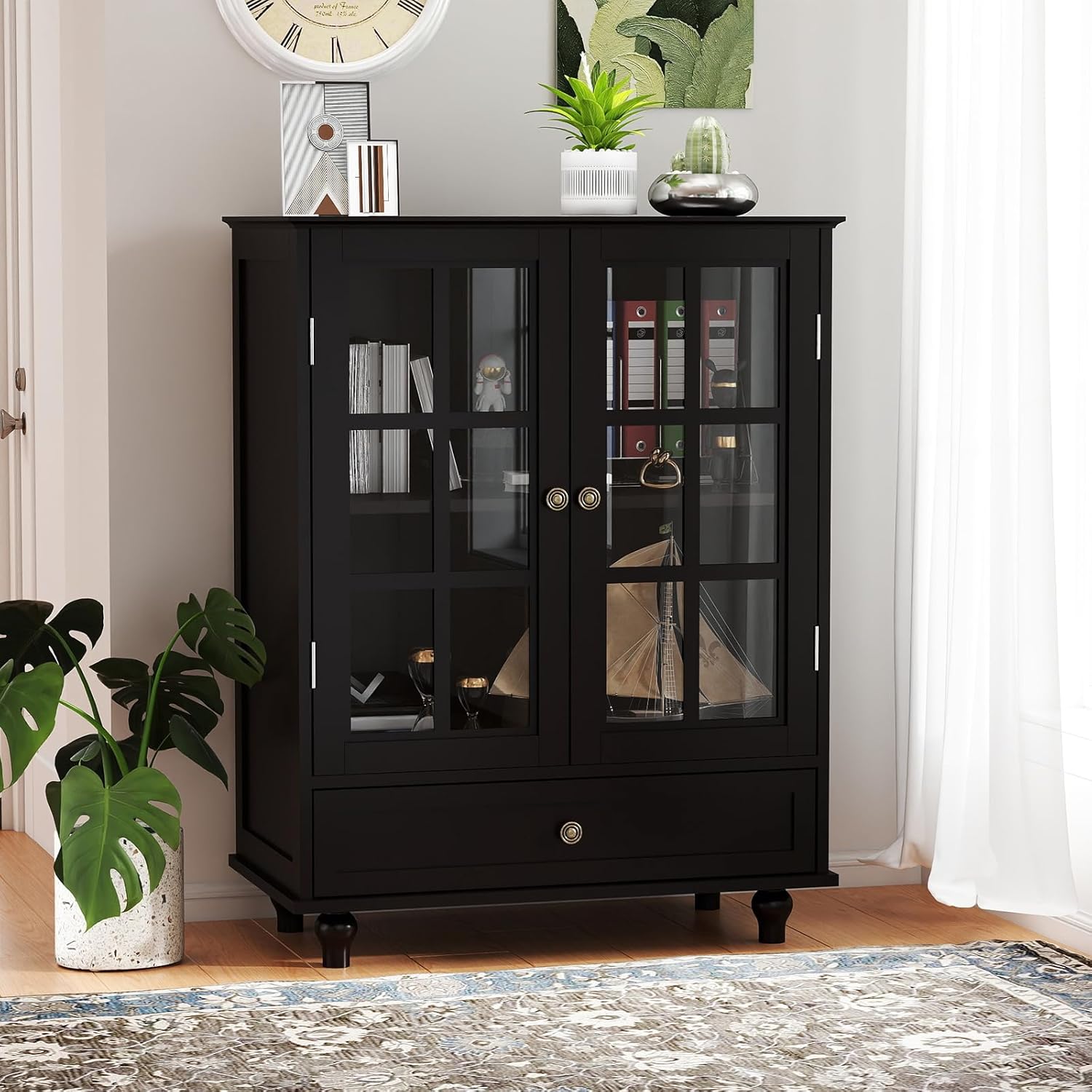 Modern Buffet Cabinet with Double Glass Doors and Drawer, Minimalist Wooden Storage Cabinets, Sideboard Cupboard for Living Room, Dining Room Hallway Entryway (Black)
