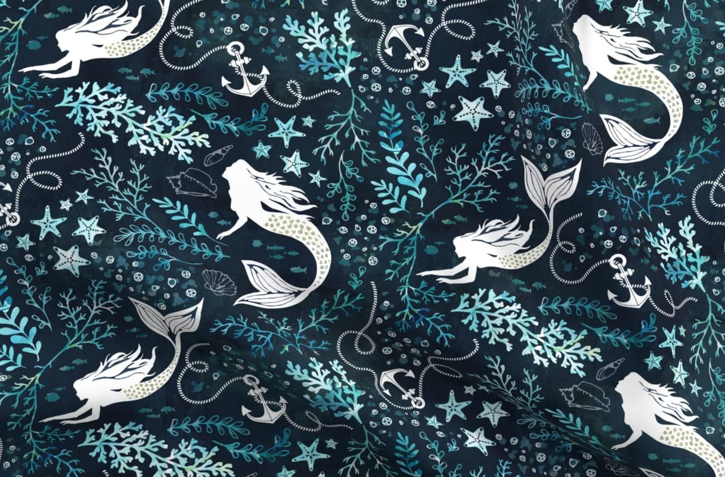 Spoonflower Fabric - Mermaid Ocean Nautical Green Turquoise Mint Seaweed Printed on Upholstery Velvet Fabric Fat Quarter - Upholstery Home Decor Bottomweight Apparel