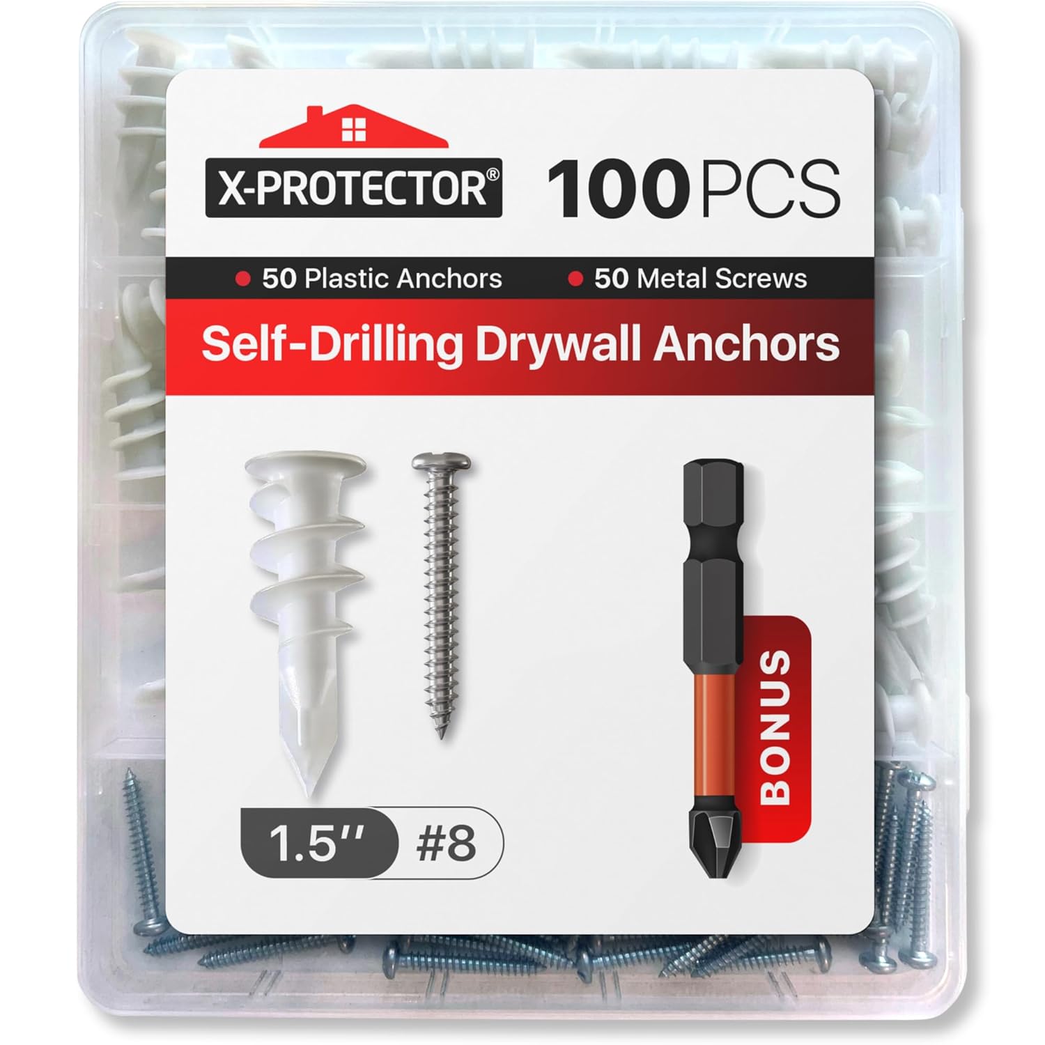 X-Protector Drywall Anchors 100 PCS Set - #8 x 1 1/2" - 50 Wall Anchors + 50 Screws - Heavy Duty - Premium Drywall Anchors and Screws Kit - Self Drilling