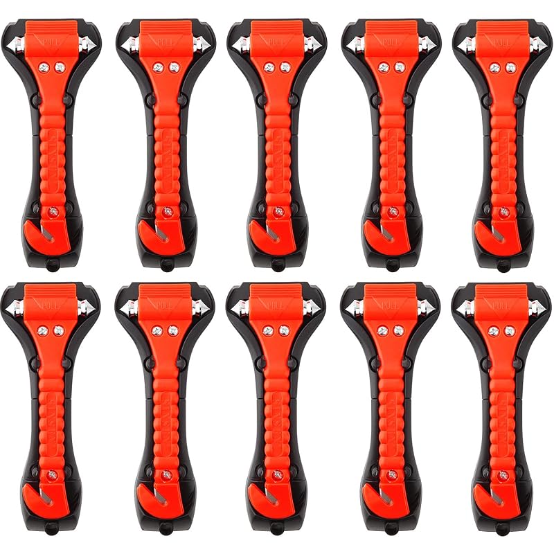 Kit com 10 Martelos de Emergência Automotivos SINSEN 2 em 1 com Quebrador de Vidro e Cortador de Cinto Vermelho