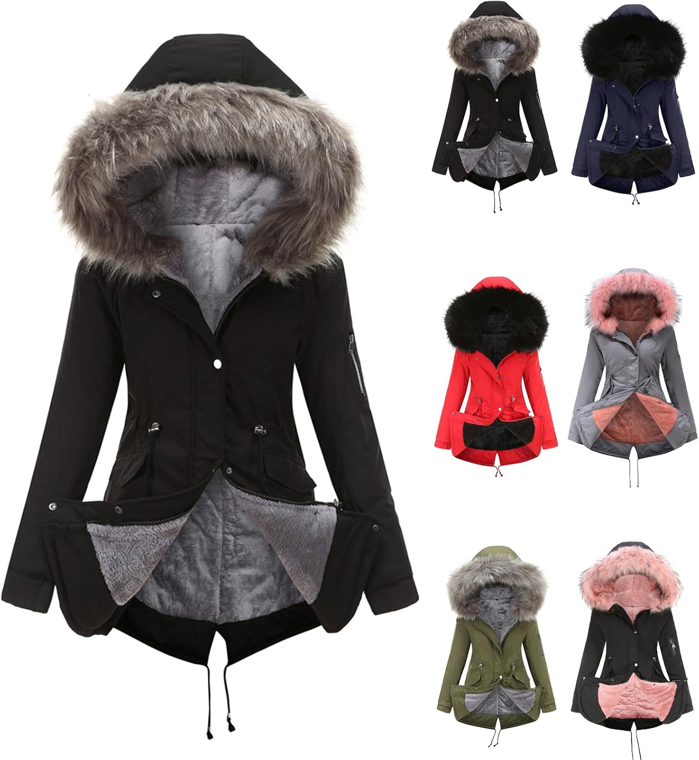 Women's Winter Coat Thicken Fleece Lined Parka Anoraks Cozy Warm Snow Coat Mid Length Hooded Jacket with Fur Hood