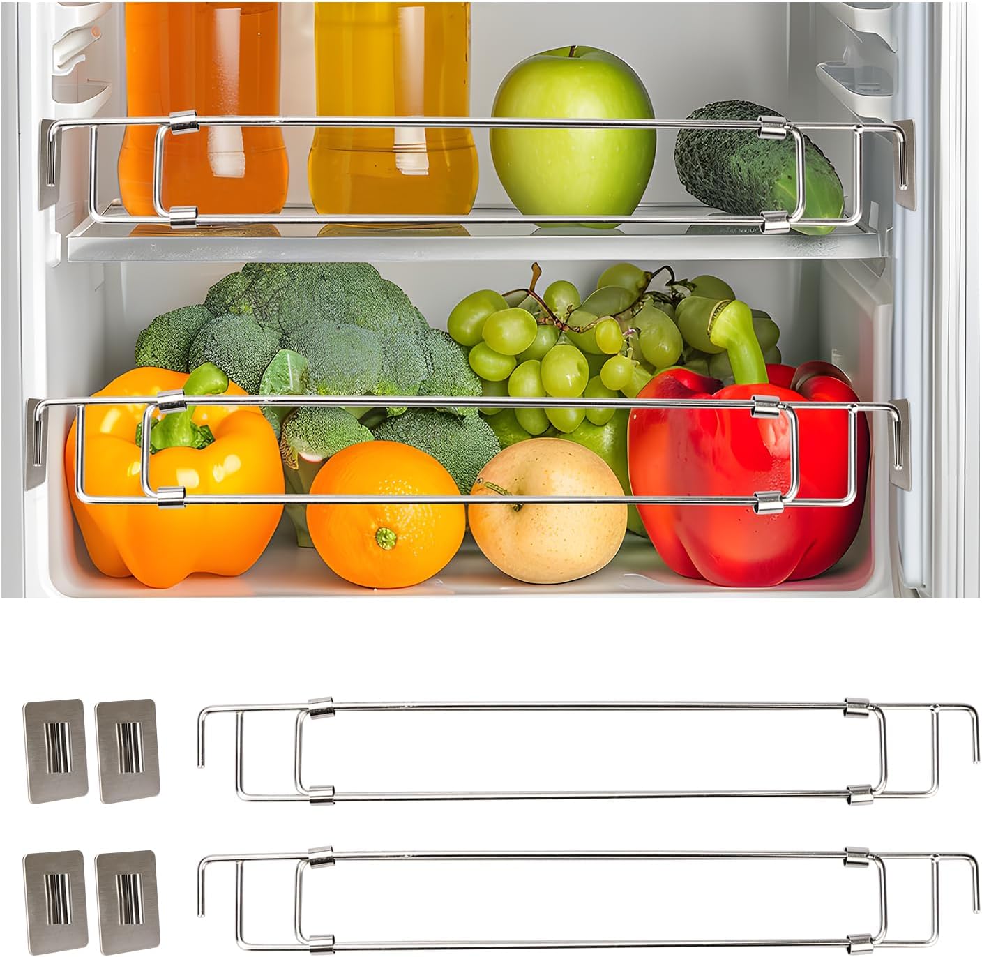 RVGUARD Double RV Refrigerator Bar Adjustable Fridge Tension Rod Holds Food and Drinks in Place Extends Between 16" and 28" for Camper Refrigerator, Kitchen, Cupboard, Bookshelf（4Sets）