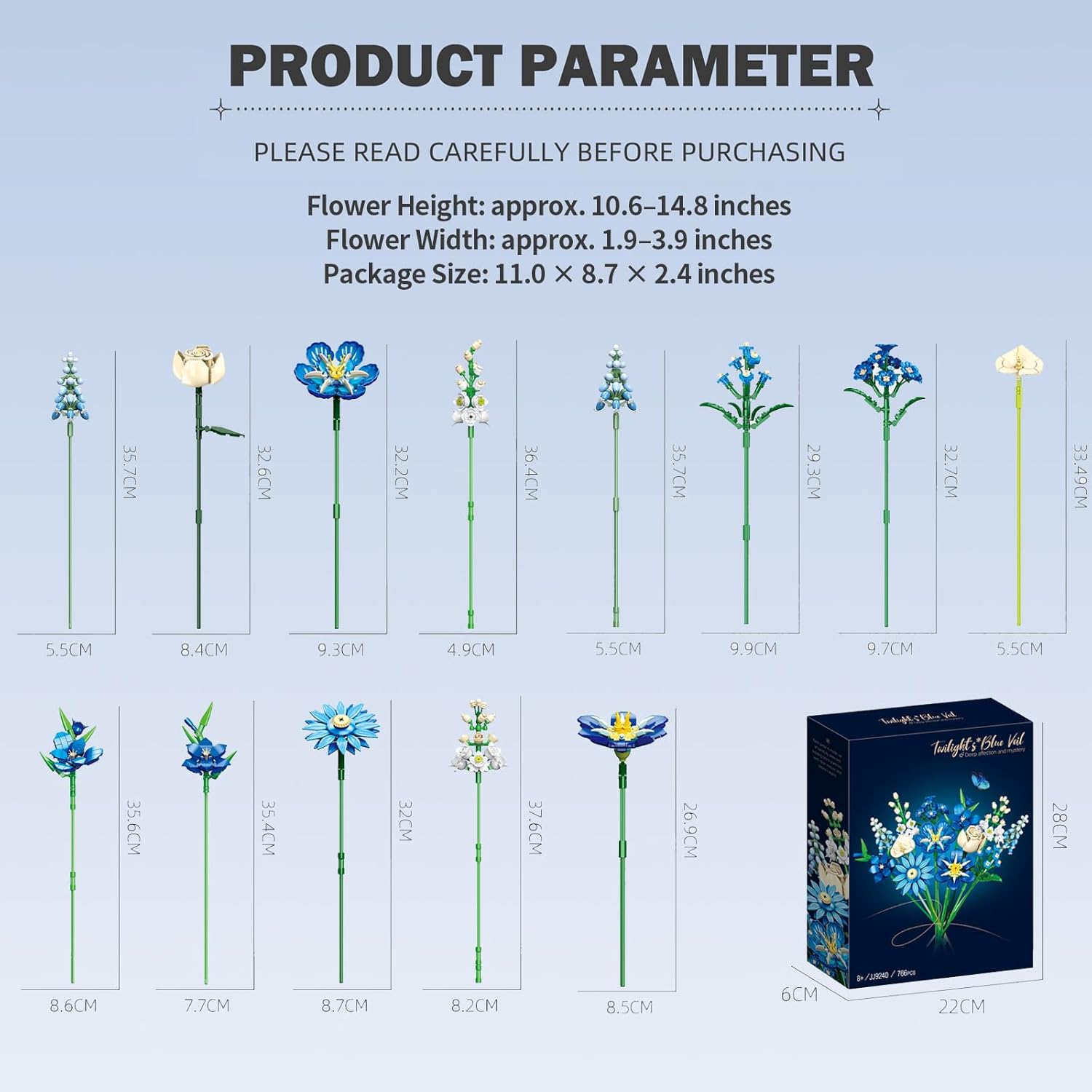 Blue Brick Flower Bouquet Building Set, 766 PCS DIY Floral Arrangement Kit for Home Decor, Compatible with Lego Flowers, Creative Artificial Building Flowers for Vase Display