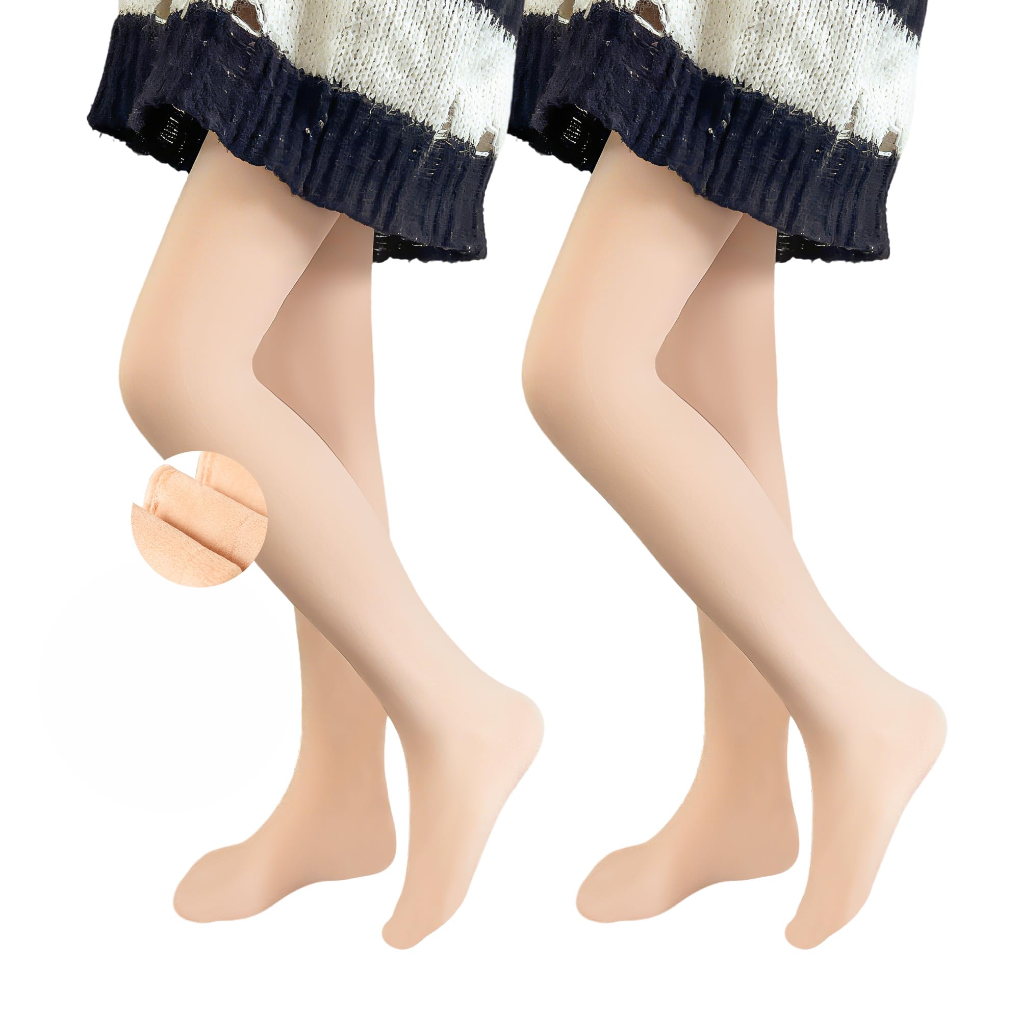 Comfyouth Thermische panty voor meisjes en kinderen, set van 2 thermische panty's met fleecevoering aan de voeten, voor de winter, ondoorzichtige thermische panty, 3-14 jaar, huidskleur zwart, 11-14