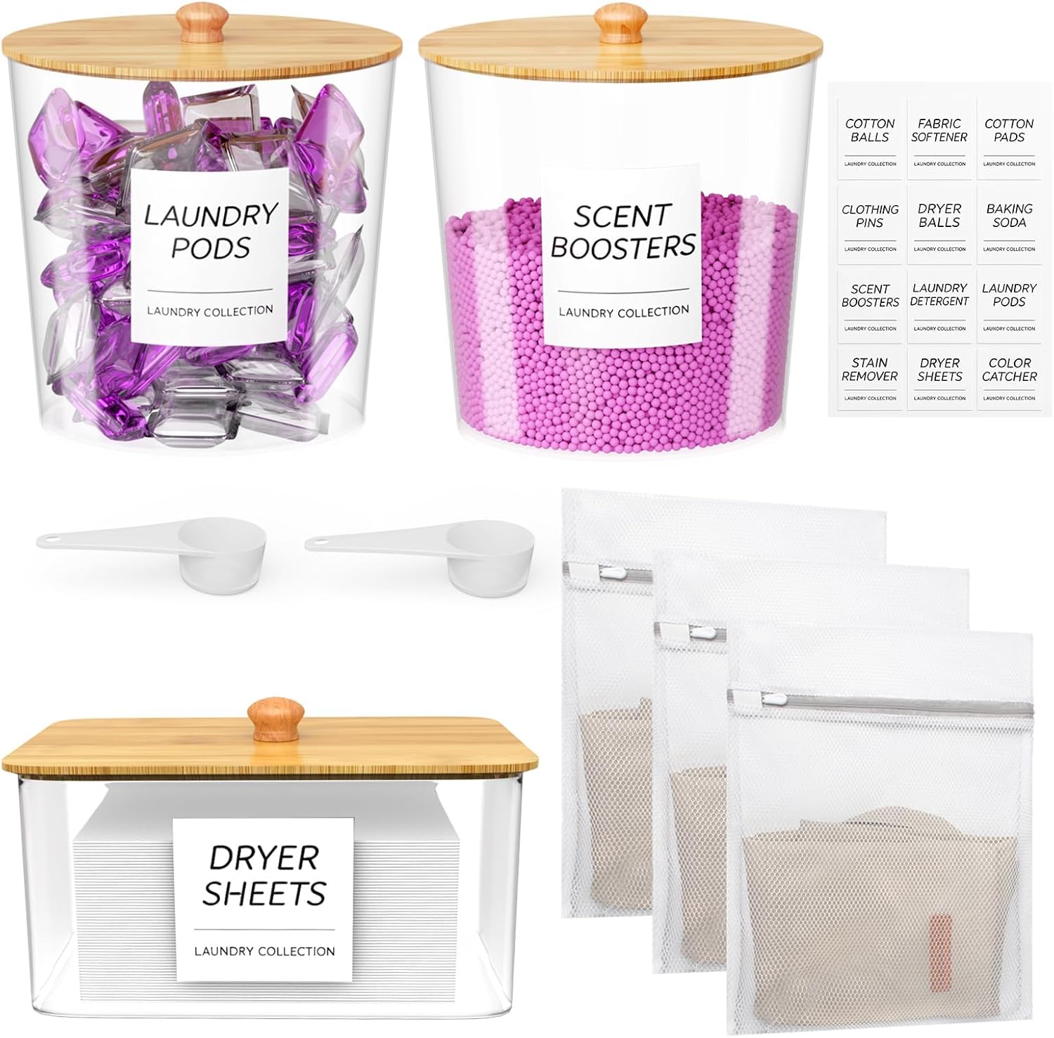 3 3 Pack laundry room organization Dryer Sheet Holder Laundry Pods Container Clear Laundry Detergent Dispenser with Scoops Labels and Mesh Laundry Bags