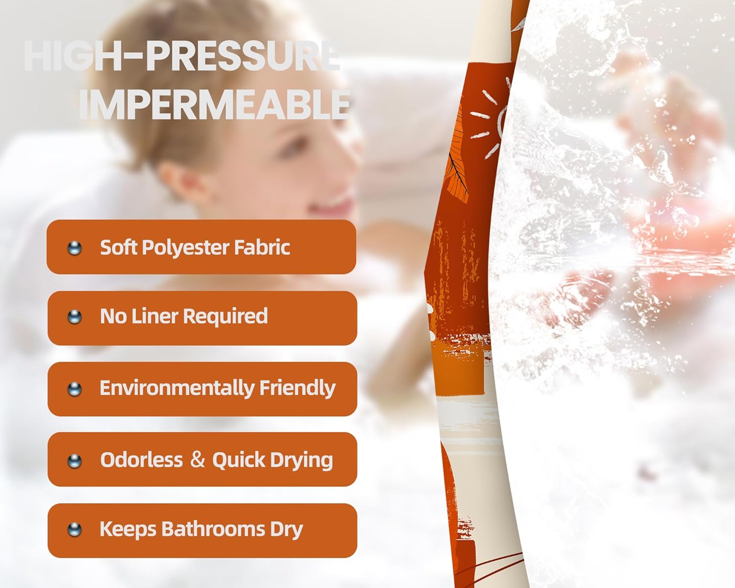 Burnt Orange Mid Century Modern Shower Curtain Bohemian Abstract Leaf Shower Curtains for Bathroom Decor Sets, Waterproof Cloth Fabric with Hooks, 70x72 Inch