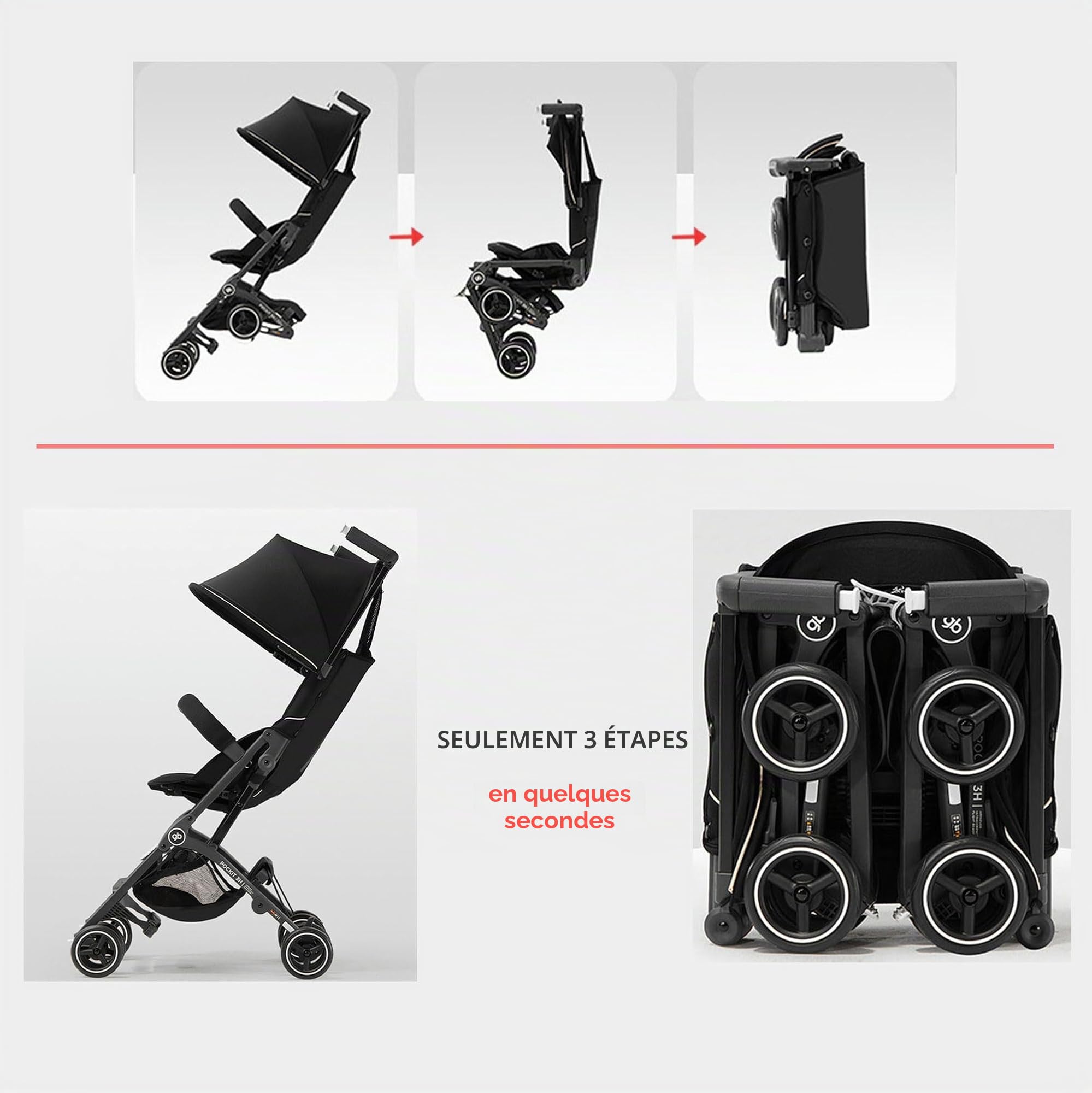 gb Pockit+ Tout-Terrain, Poussette de voyage ultra-compacte et légère pour bébés et tout-petits, conforme aux dimensions des bagages cabine en avion, Noir Or
