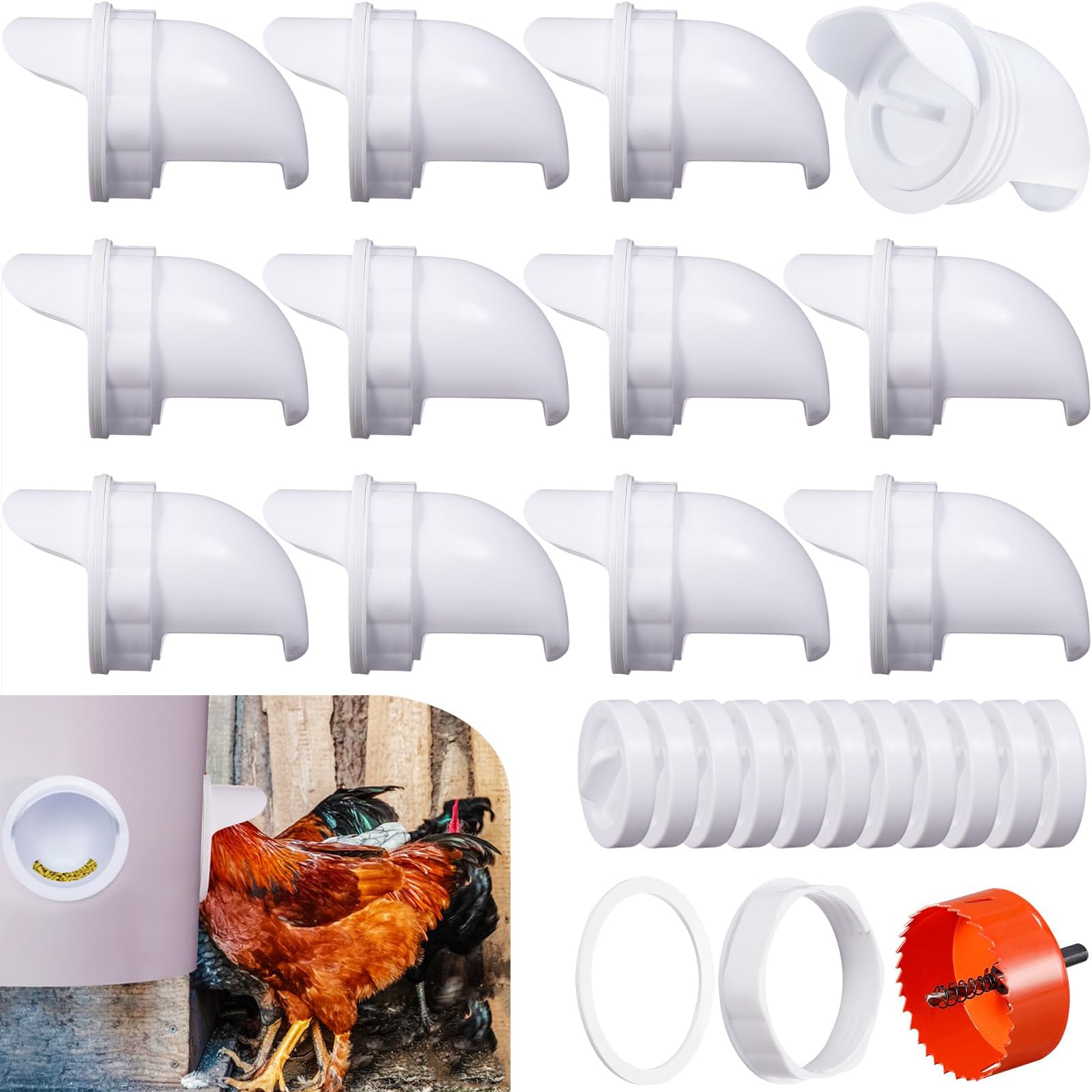 YANZI 12 Ports DIY Poultry Feeder Ports,Rain Proof Gravity Fed Kit with Critter Stopper for Buckets,Barrels,Bins, Troughs,No Waste Chicken Feeder