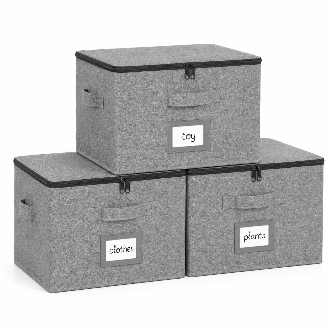 BrilliantJo Storage Boxes with Lids set of 3, Clothes Organiser with Label Holder & Double Zips 40x30x25cm Grey — image 1