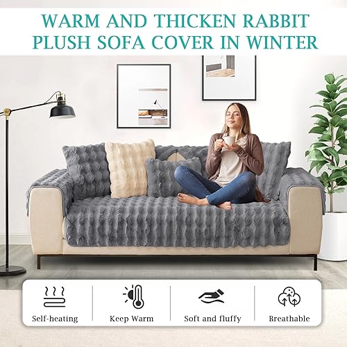 Miniatura 5 de cjc Cojín grueso de felpa de conejo para sofá, funda de cojín antideslizante universal para sofá de 1, 2 y 3 plazas, funda protectora de muebles