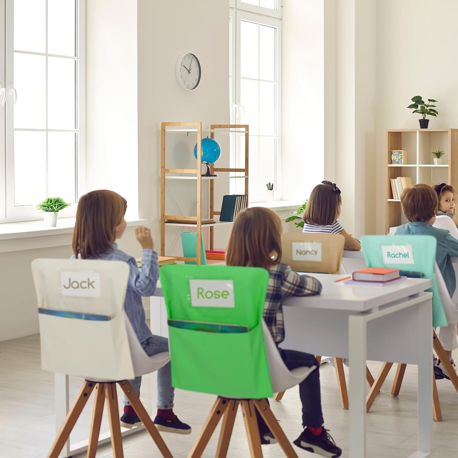 24 Pack Chair Pockets for Classroom Student Chair Pouches with Name Tags Seat Back Organizer for Classroom Scoop Chairs Storage for Preschool Kindergarten Elementary School(Green)