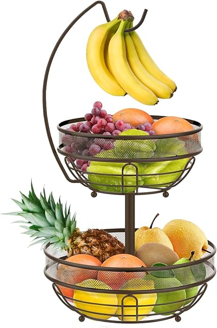 Fruit Basket, 2 Tier Fruit Bowl with Banana Hanger for Kitchen Counter, Metal Detachable Fruit Racks Storage Holder Keeps Fruits and Vegs Fresh (Bronze)