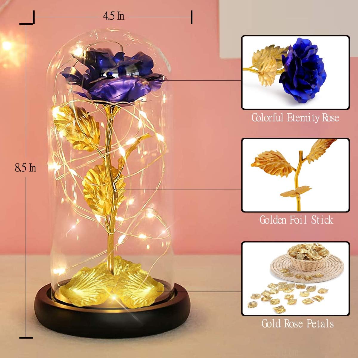 HomieGym Forever Rose Gift, Led Light String on The Gold Foil Flower,Lasts Forever in A Glass Dome,Unique Gifts for Women, Christmas, Wedding, Valentine's Day, Anniversary, Birthday, Mother's Day