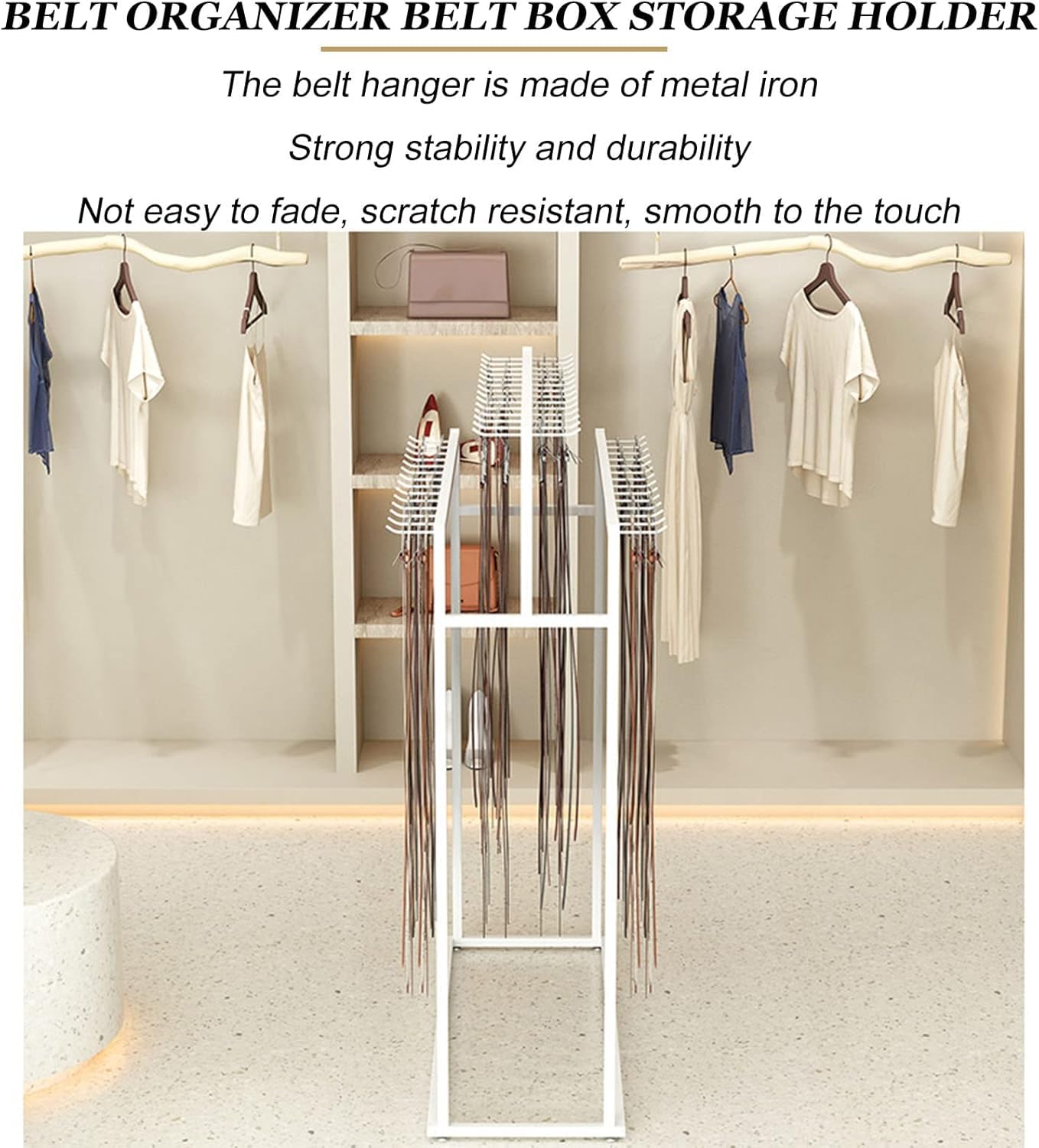 Espositore per cintura Cravatte, Negozio di abbigliamento Ganci per cinture, Espositore per gioielli Scaffali commerciali, Borsa Sciarpa Ombrello Organizzatore, 4 bracci 70x40x150cm