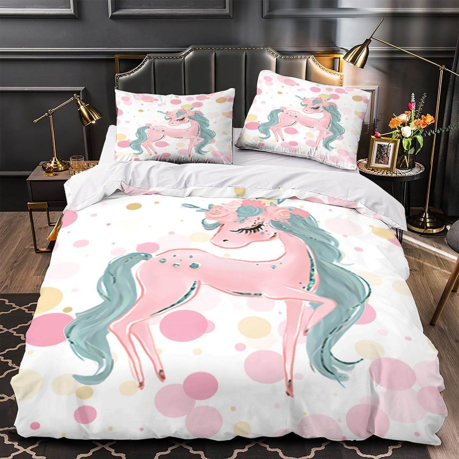 Housse de couette 200x200 imprimé 3D rose parure de lit microfibre