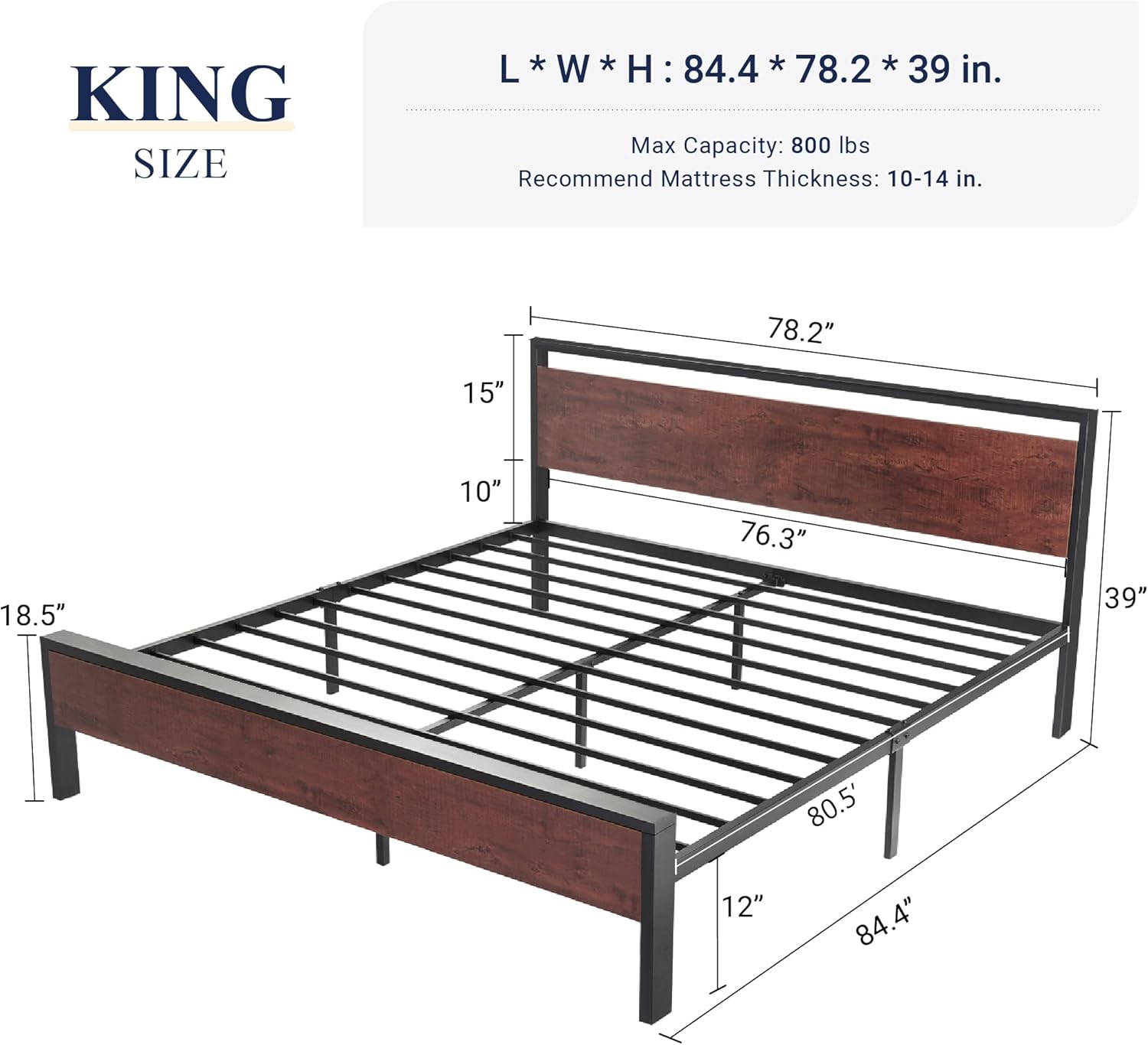 Dimensions diagram for Allewie King Size Platform Bed Frame.