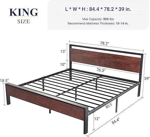 Miniatura 23 de Allewie Base de cama de plataforma tamaño King con cabecera y estribo de madera, soporte de 12 listones de metal resistente, no necesita somier,