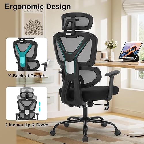Miniatura 4 de Silla de oficina en casa, silla de escritorio ergonómica con altura ajustable, soporte lumbar, silla de computadora de malla con respaldo alto