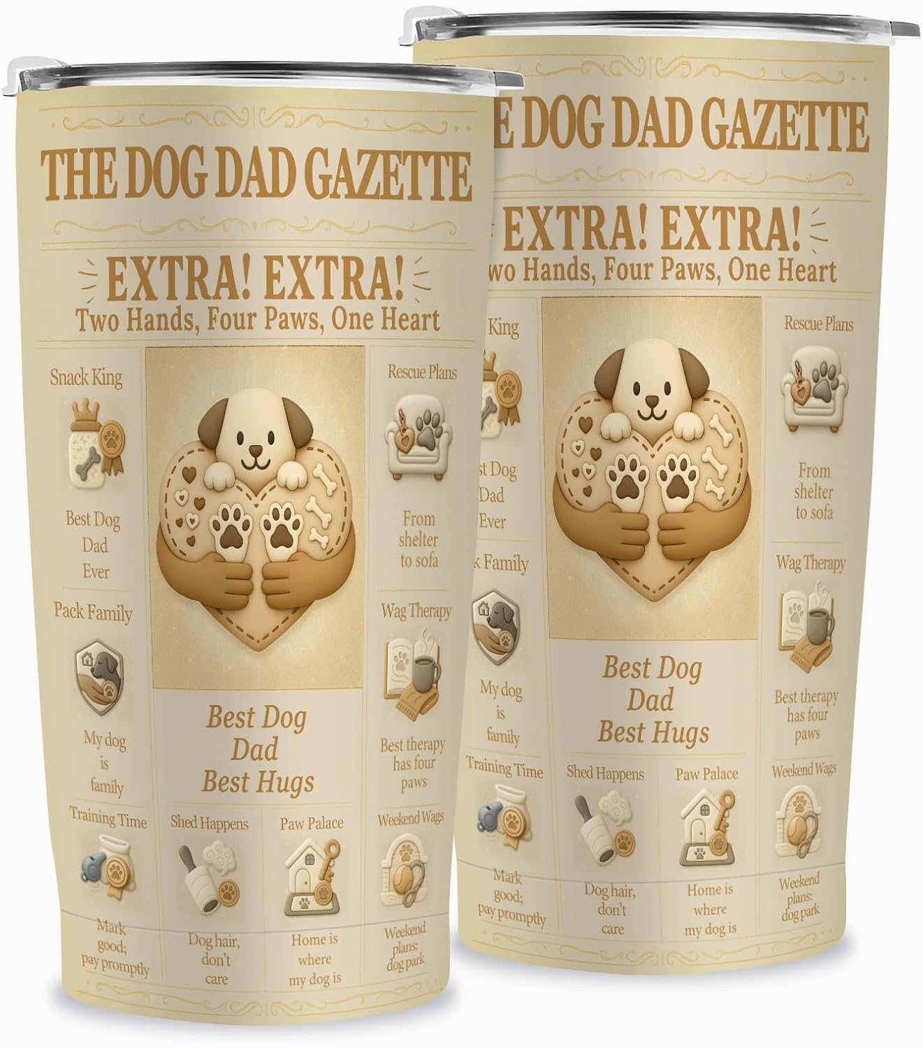 Dog Dad Gifts for Men – 20oz Insulated Stainless Steel Tumbler, Travel Coffee Cup with Lid, Funny Vintage Newspaper Design, Paw Print Heart, Gift from the Dog - Image 3